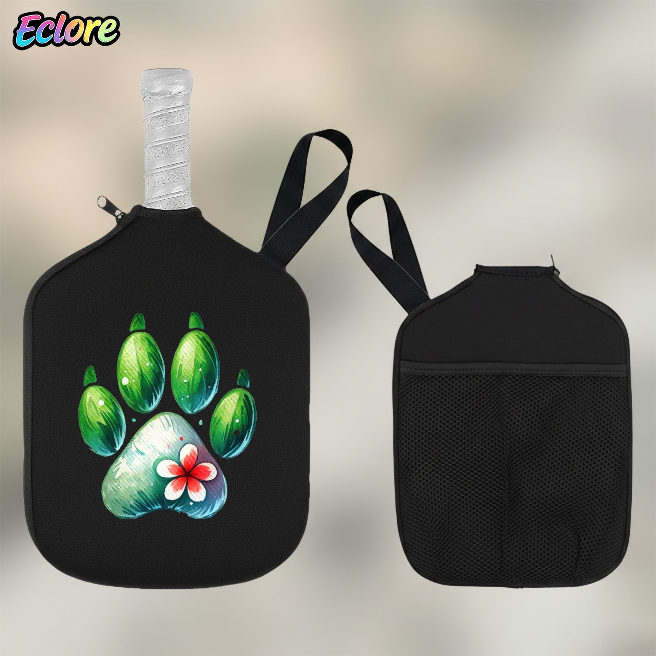 Tennis Racket - Green Watercolor Paw Print Paddle Cover,